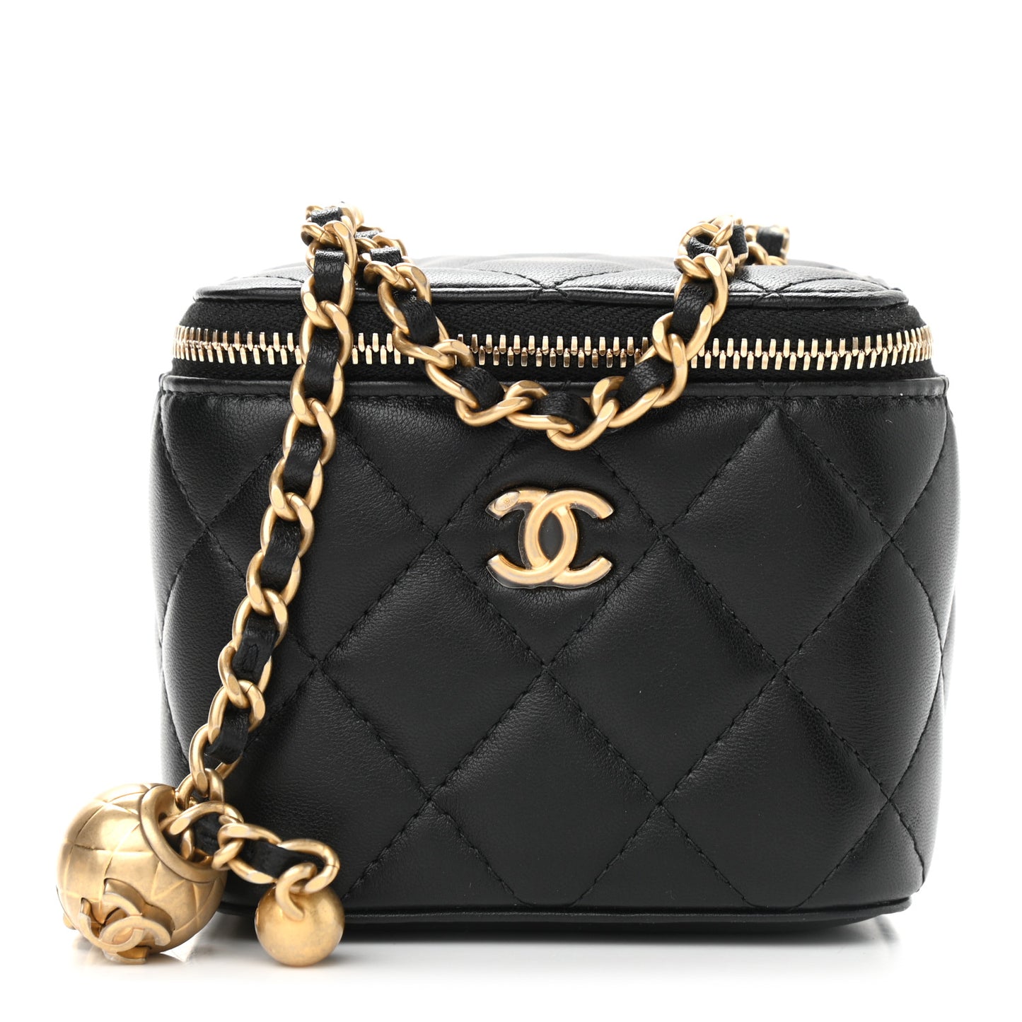 Lambskin Quilted Mini Pearl Crush Vanity Case With Chain Black