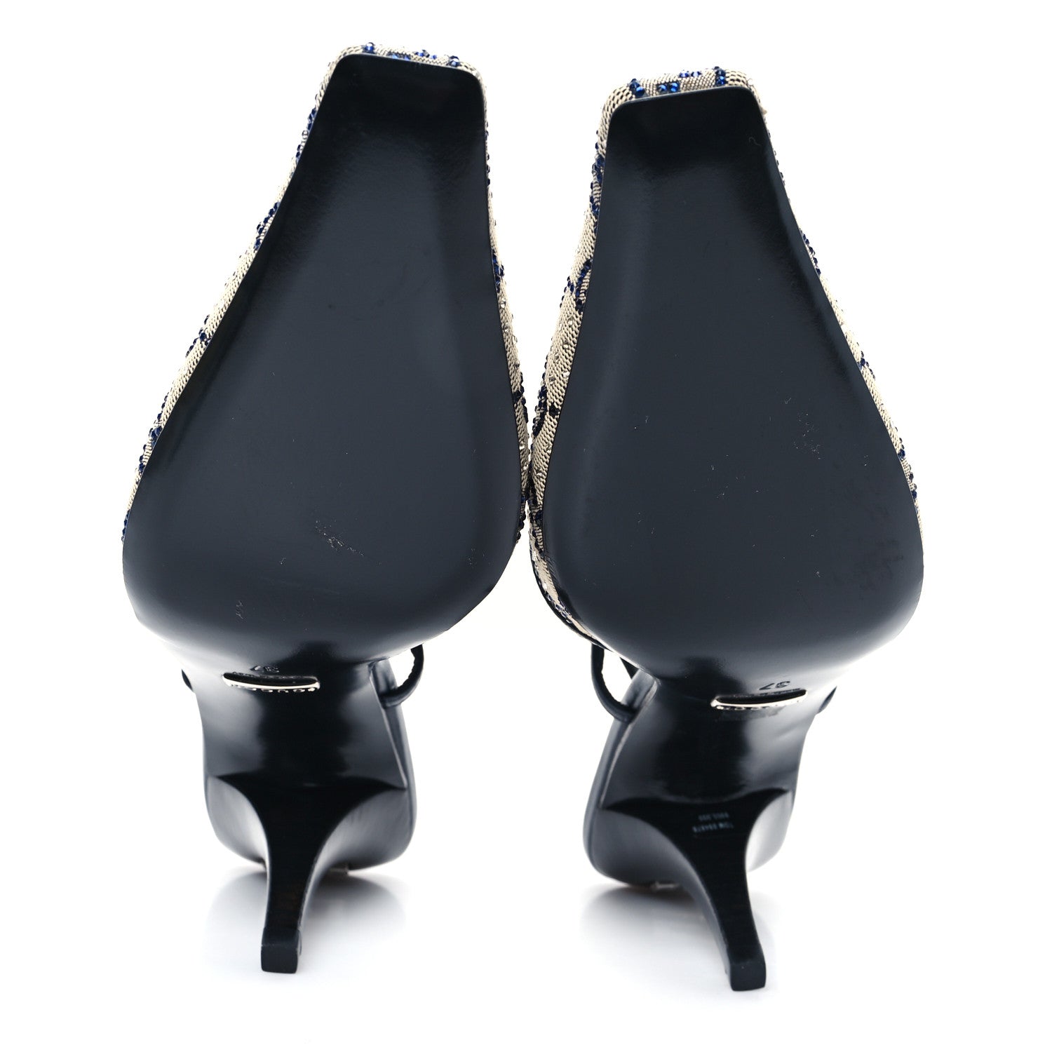 Gucci GG Monogram Malaga Kid Crystal Square G 75mm Slingback Pumps 37 Beige Blue 6 of 9