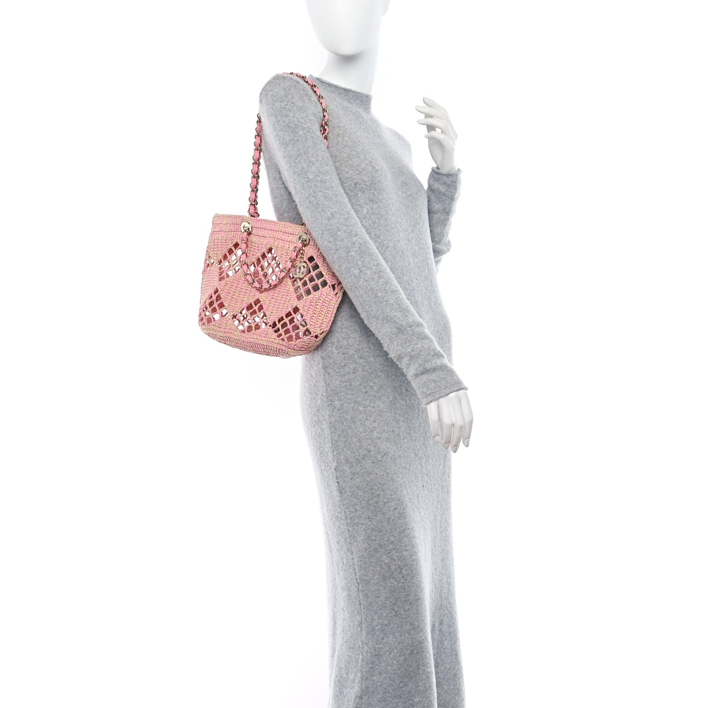 Raffia Effect Braided Small Shopping Bag Beige Pink