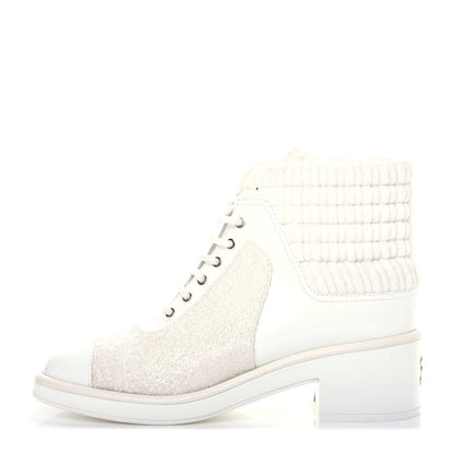 Chanel Tweed Patent Calfskin Velvet Lace Up Boots 41 White 1 of 11