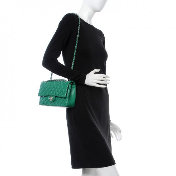 Lambskin Quilted Medium Double Flap Green