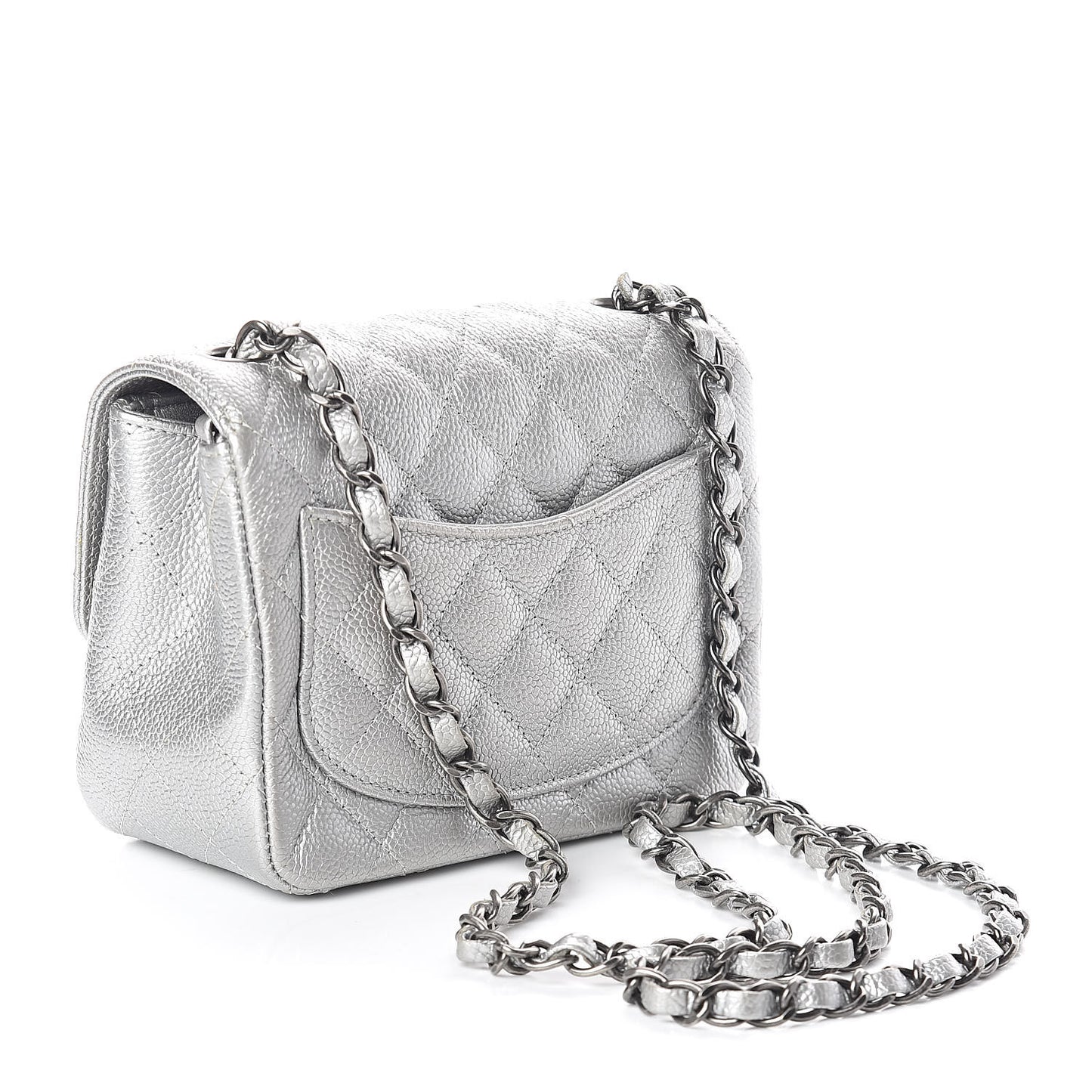 Metallic Caviar Quilted Mini Square Flap Silver