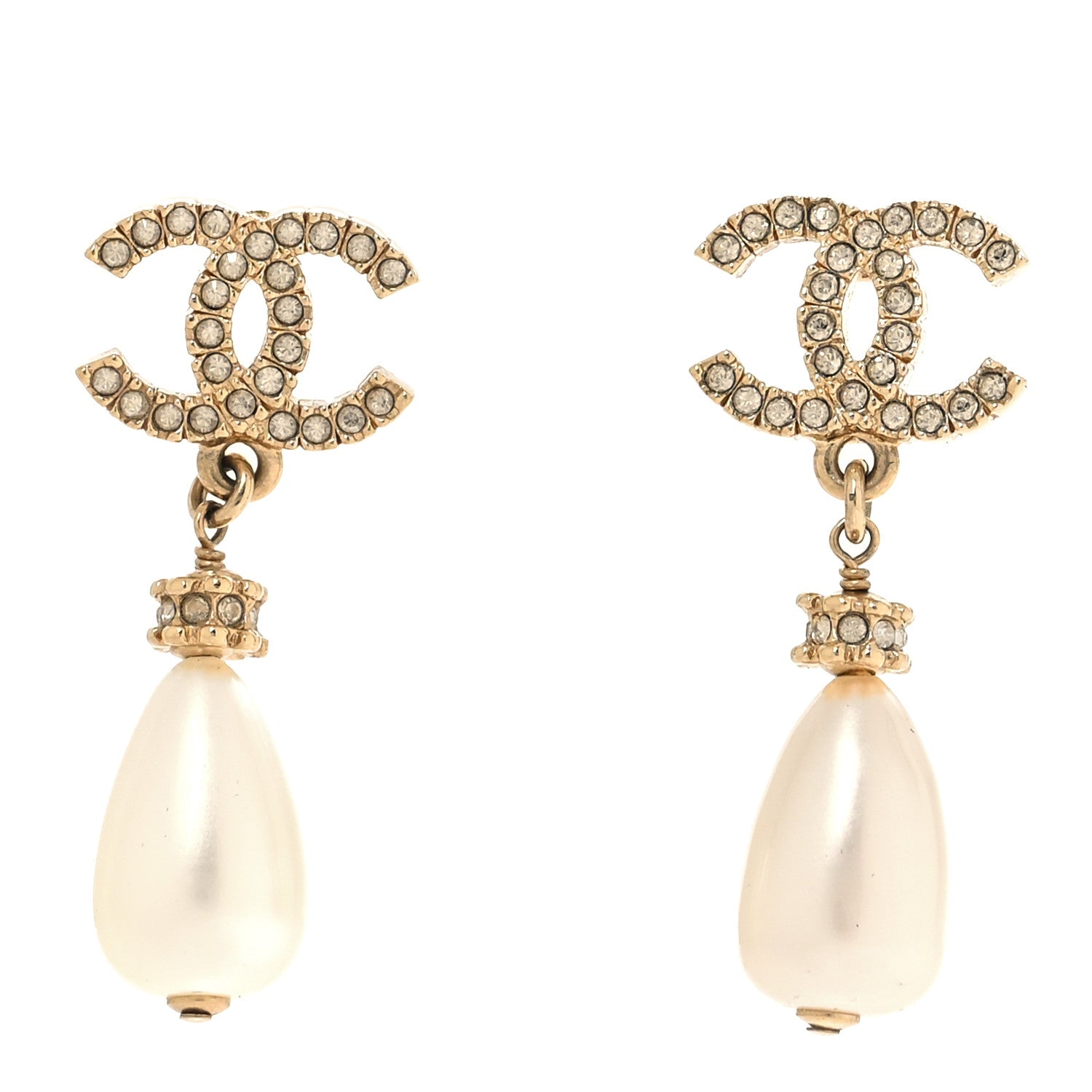 Chanel Crystal Pearl CC Drop Earrings Gold 1 of 5