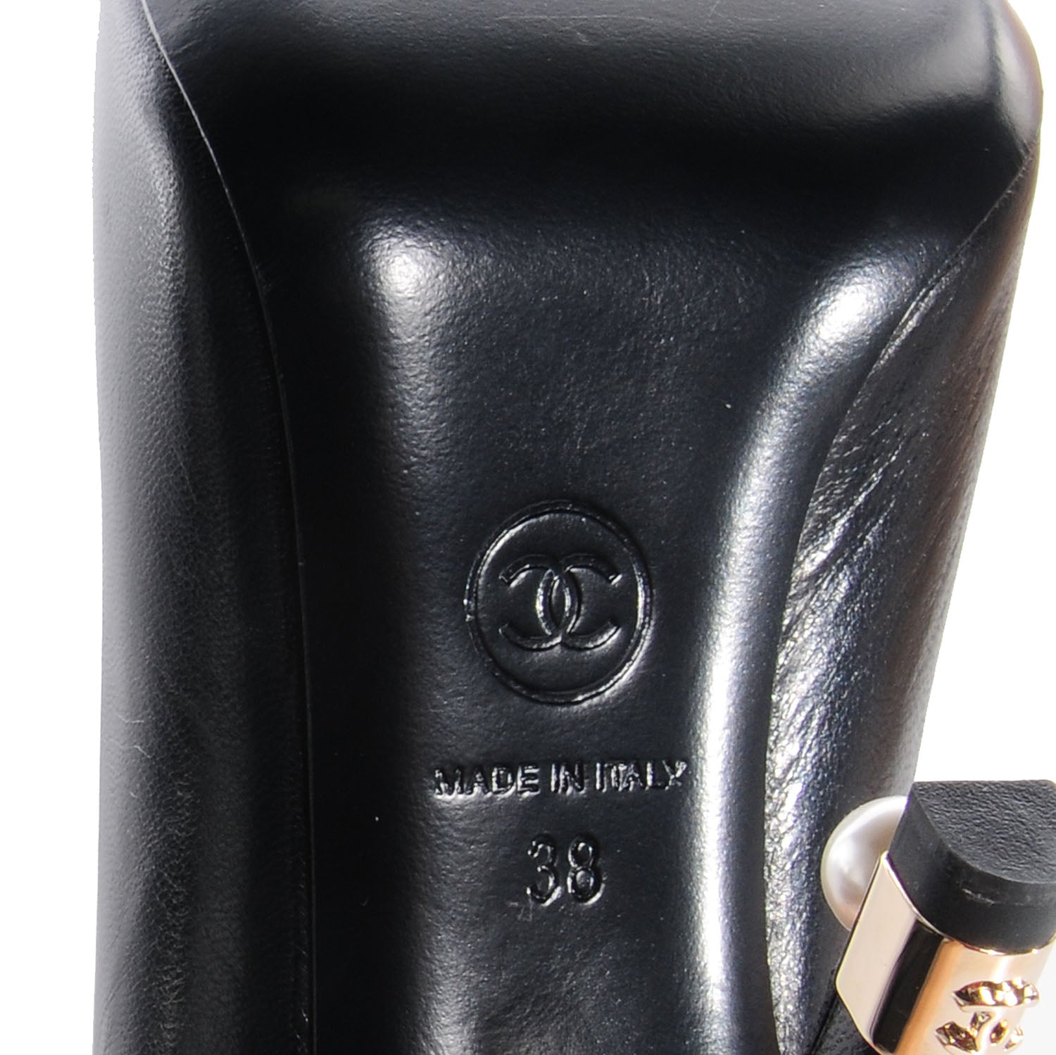 Chanel Leather Pearl CC Peep Toe Pumps 38 Black 6 of 8