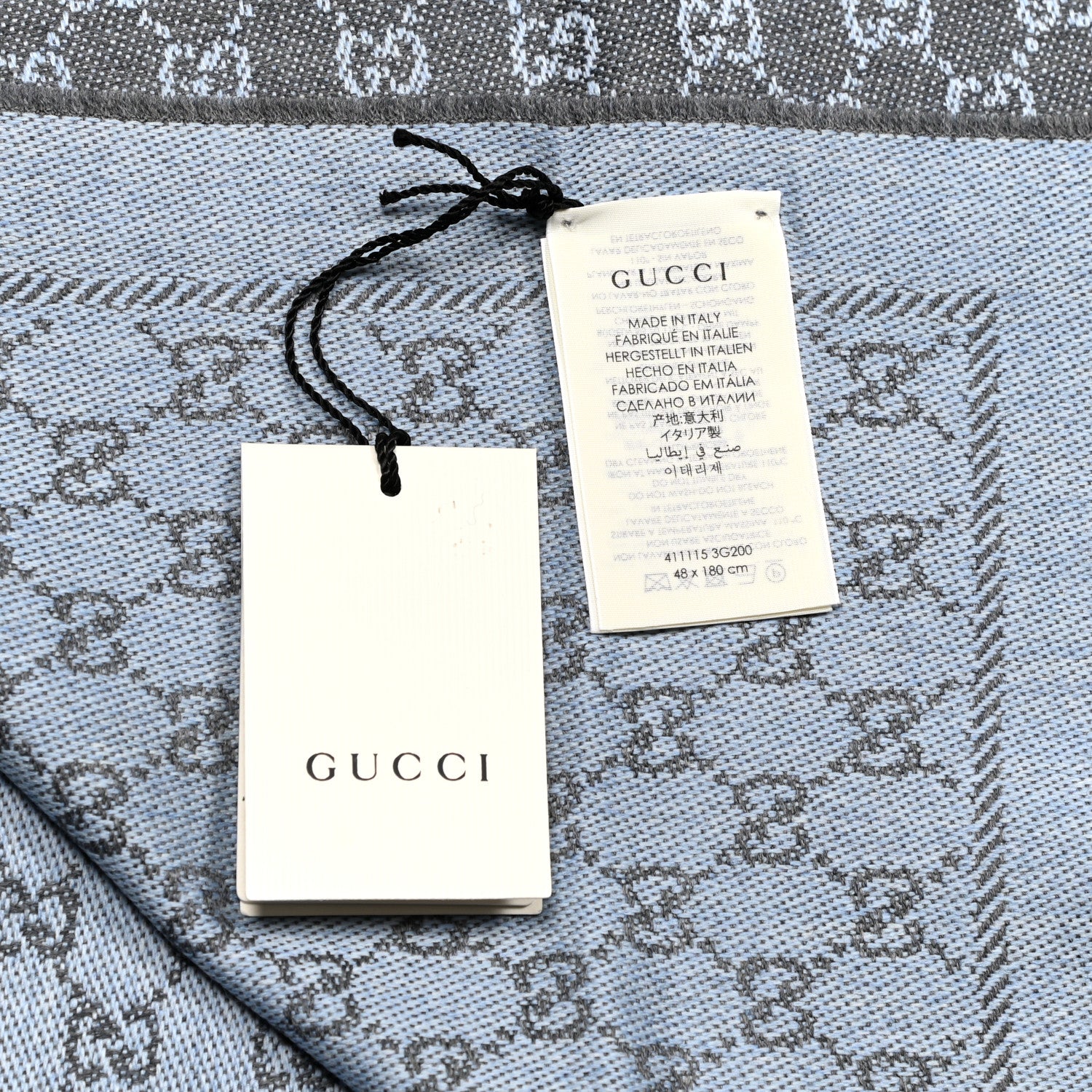 Gucci Wool GG Monogram Reversible New Sten Fringe Scarf Flannel Sky Blue 4 of 4