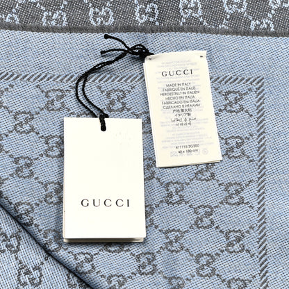 Gucci Wool GG Monogram Reversible New Sten Fringe Scarf Flannel Sky Blue 4 of 4