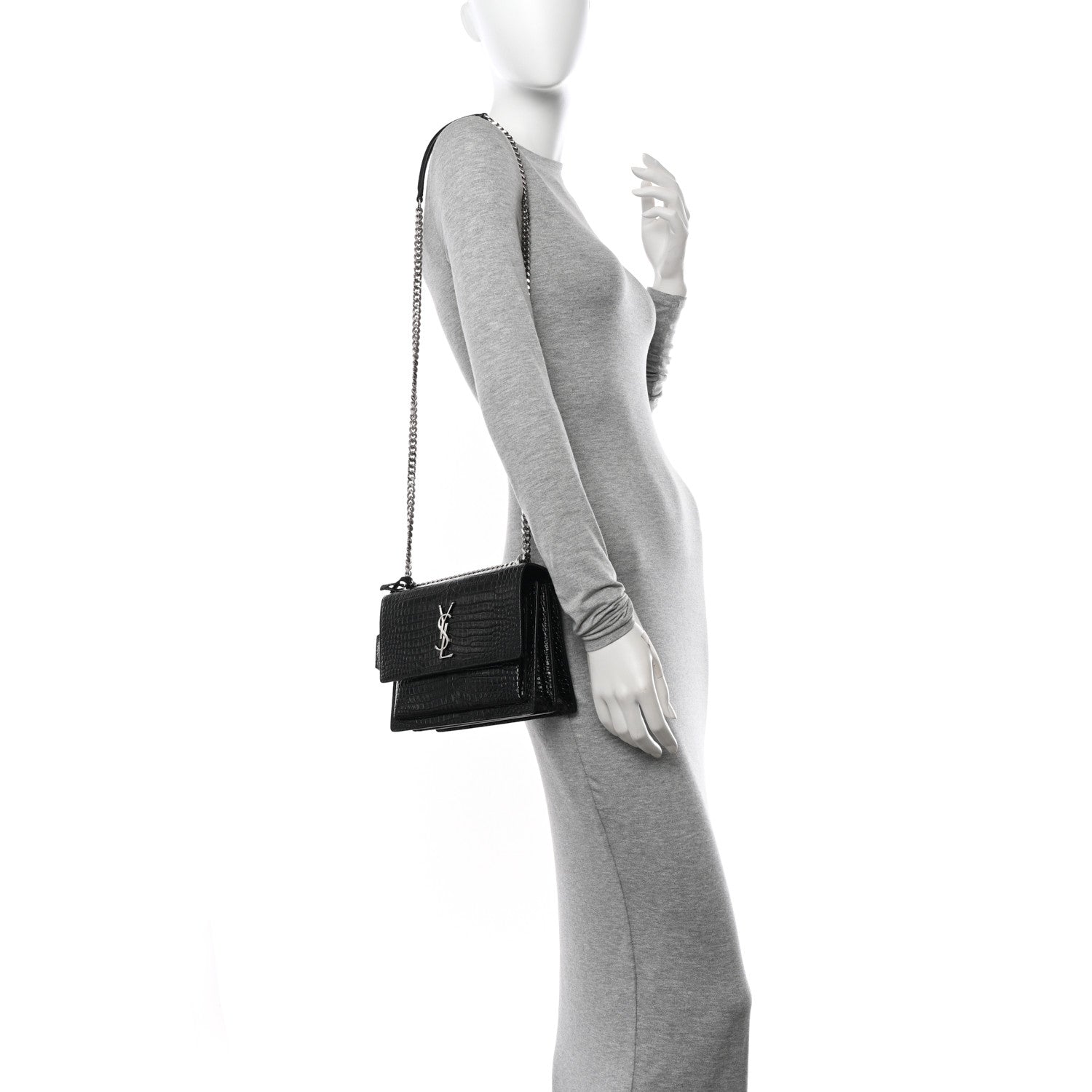 Saint Laurent Calfskin Crocodile Embossed Medium Monogram Sunset Black 2 of 12