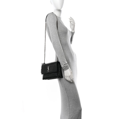 Saint Laurent Calfskin Crocodile Embossed Medium Monogram Sunset Black 2 of 12