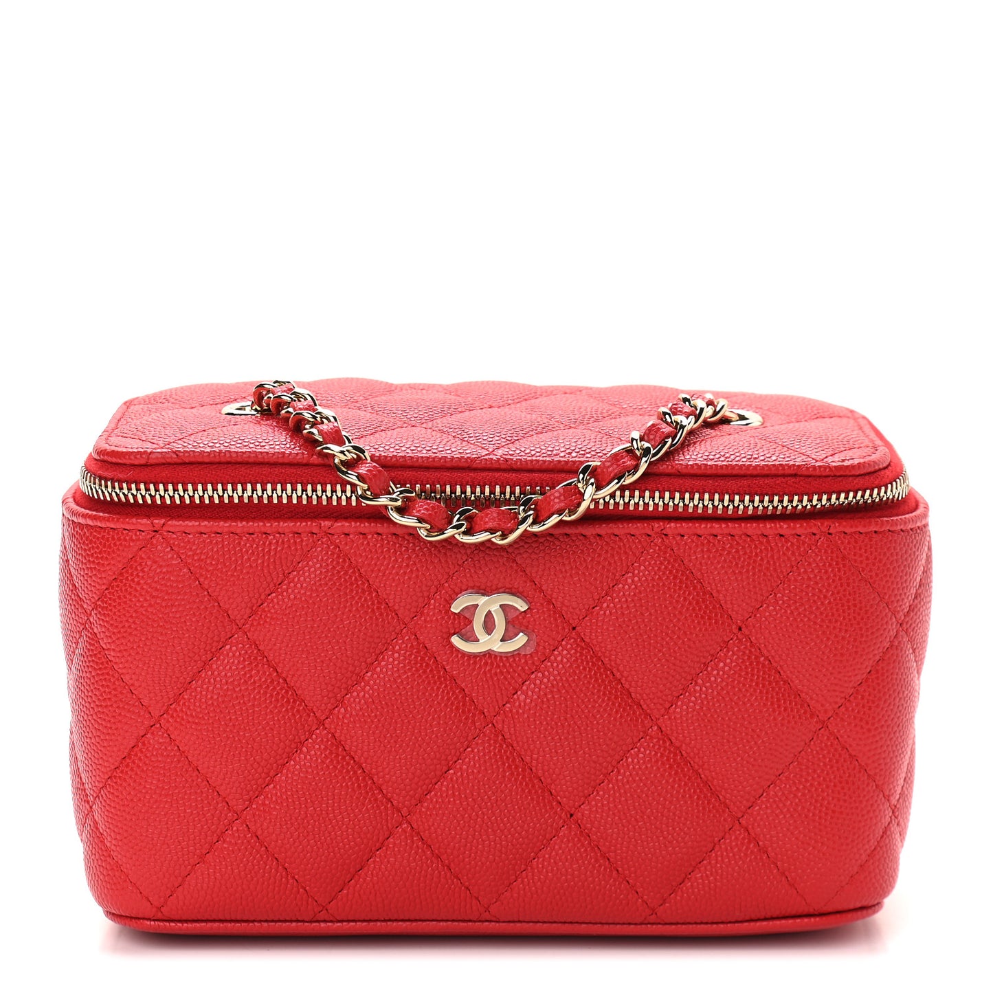 Caviar Quilted Small Vanity Case With Chain Red