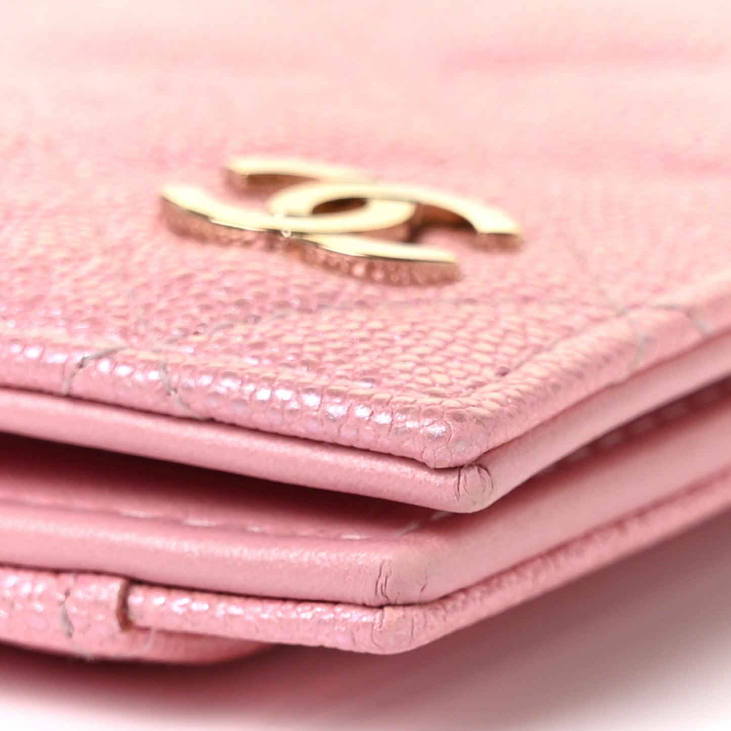 Iridescent Caviar Quilted Card Holder Wallet Rose Pink