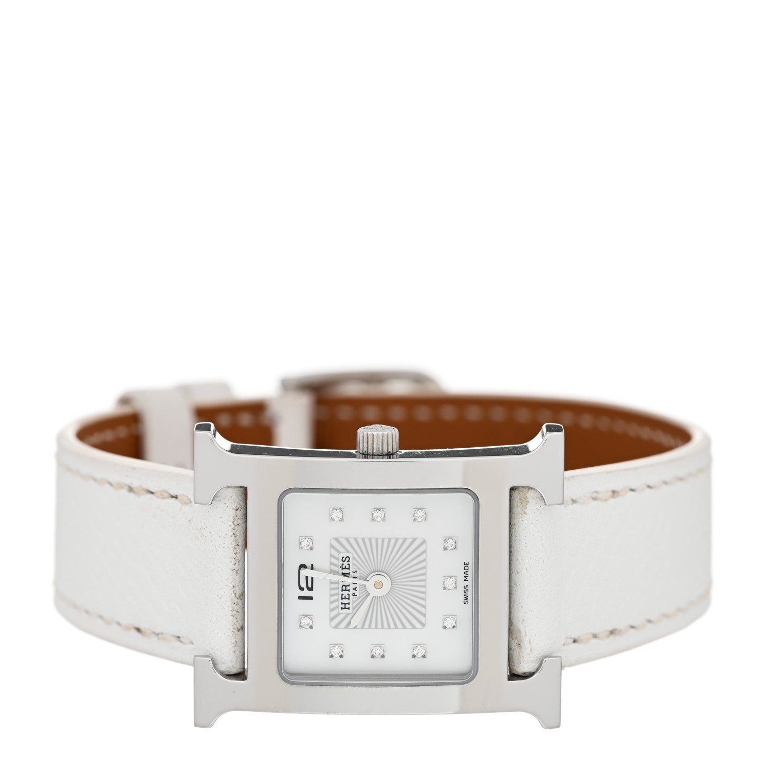 Hermes Stainless Steel Epsom Diamond Mother of Pearl 21mm Heure H Hour Quartz Watch Blanc 2 of 8