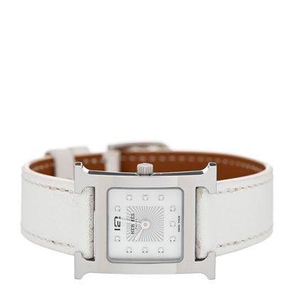 Hermes Stainless Steel Epsom Diamond Mother of Pearl 21mm Heure H Hour Quartz Watch Blanc 2 of 8