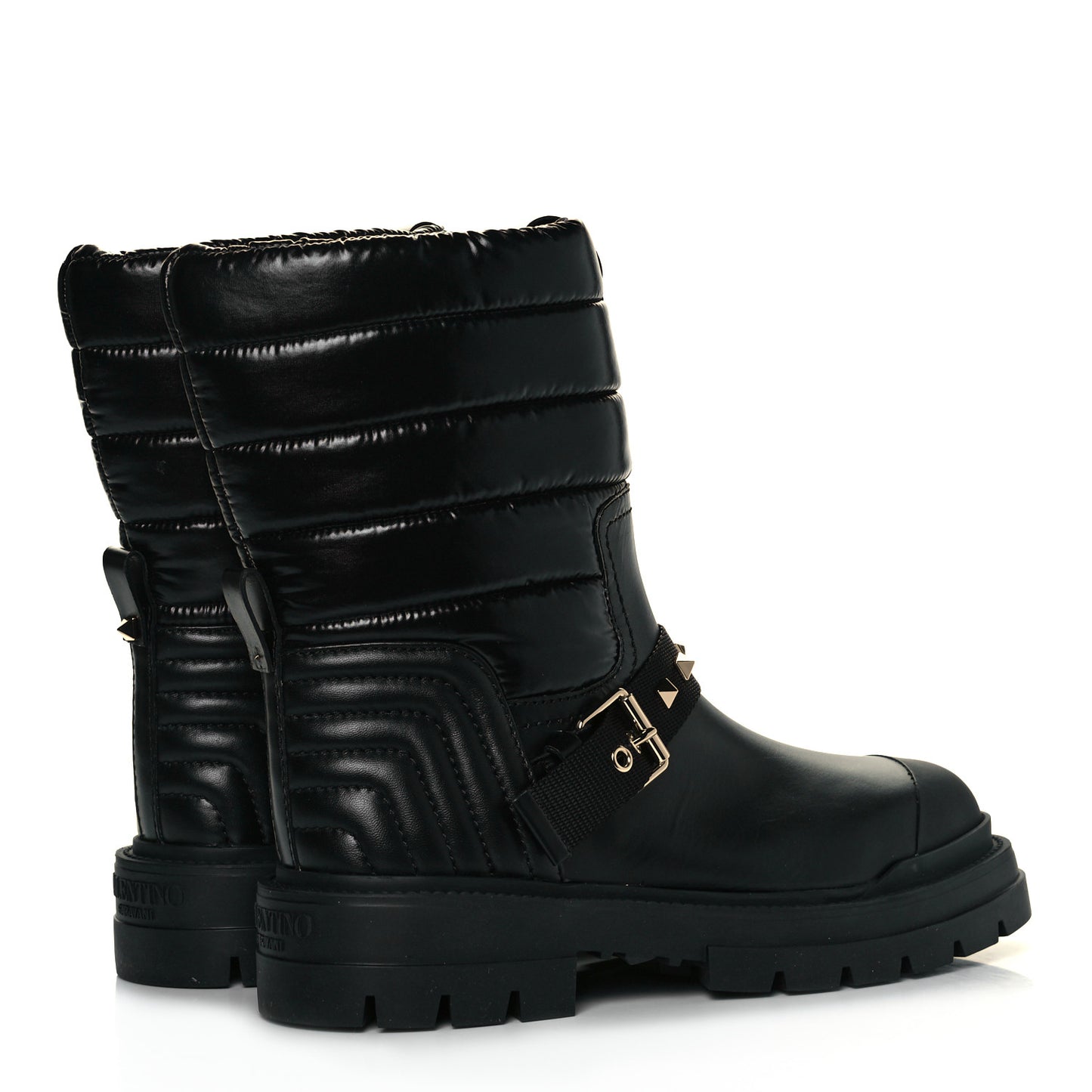 Calfskin Nylon Quilted Waterproof Rockstud 40mm Biker Boots 39 Black