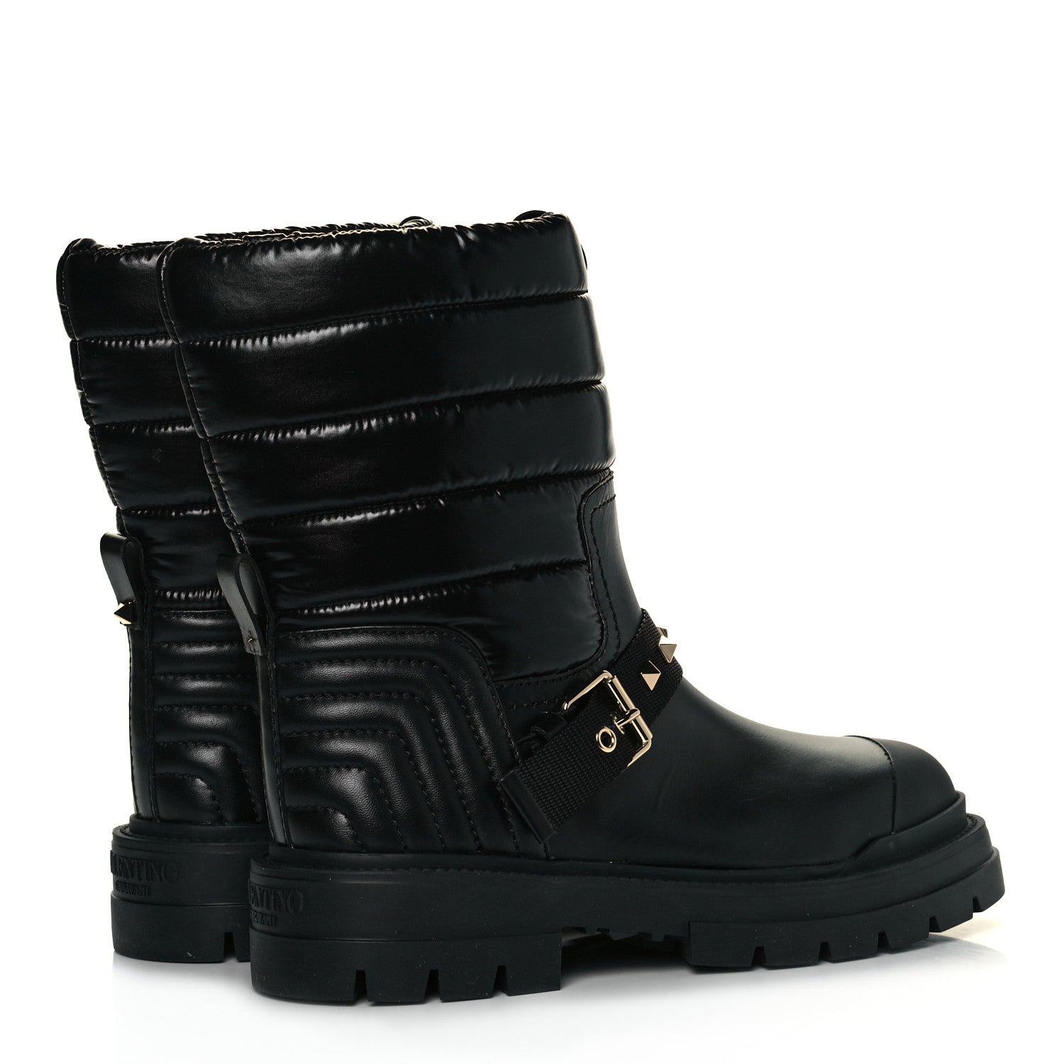 Valentino Garavani Calfskin Nylon Quilted Waterproof Rockstud 40mm Biker Boots 39 Black 4 of 9