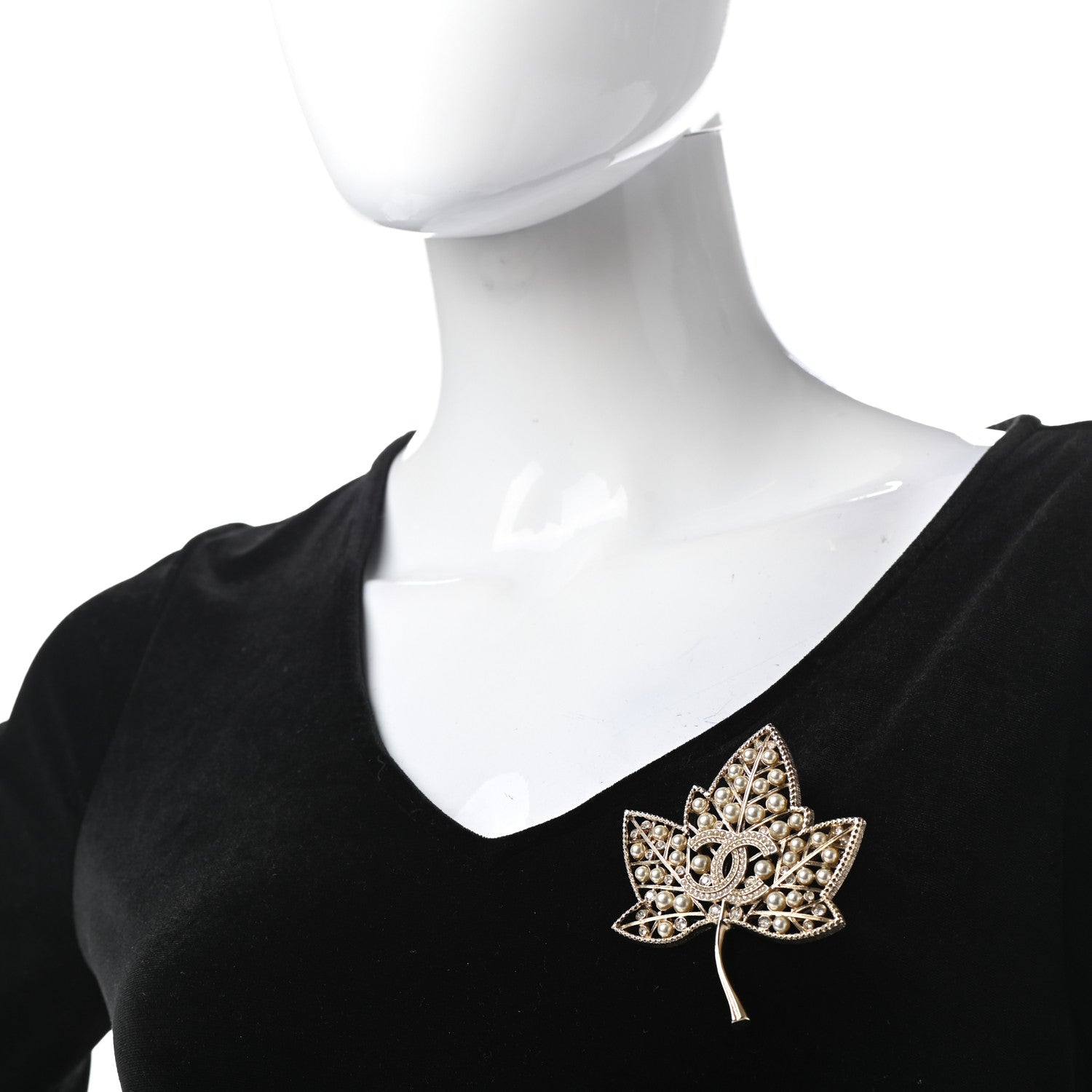 Chanel Pearl Crystal CC Leaf Brooch Gold 2 of 6
