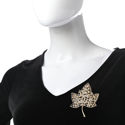 Chanel Pearl Crystal CC Leaf Brooch Gold 2 of 6