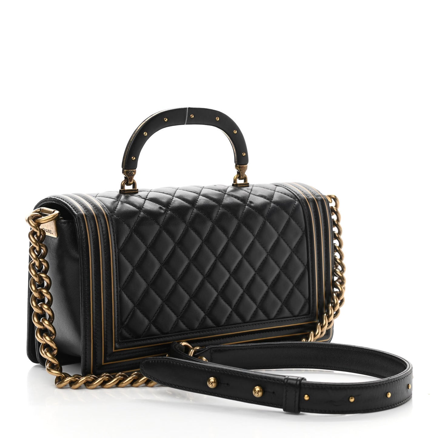 Lambskin Quilted Medium Boy Studded Handle Flap Black Gold