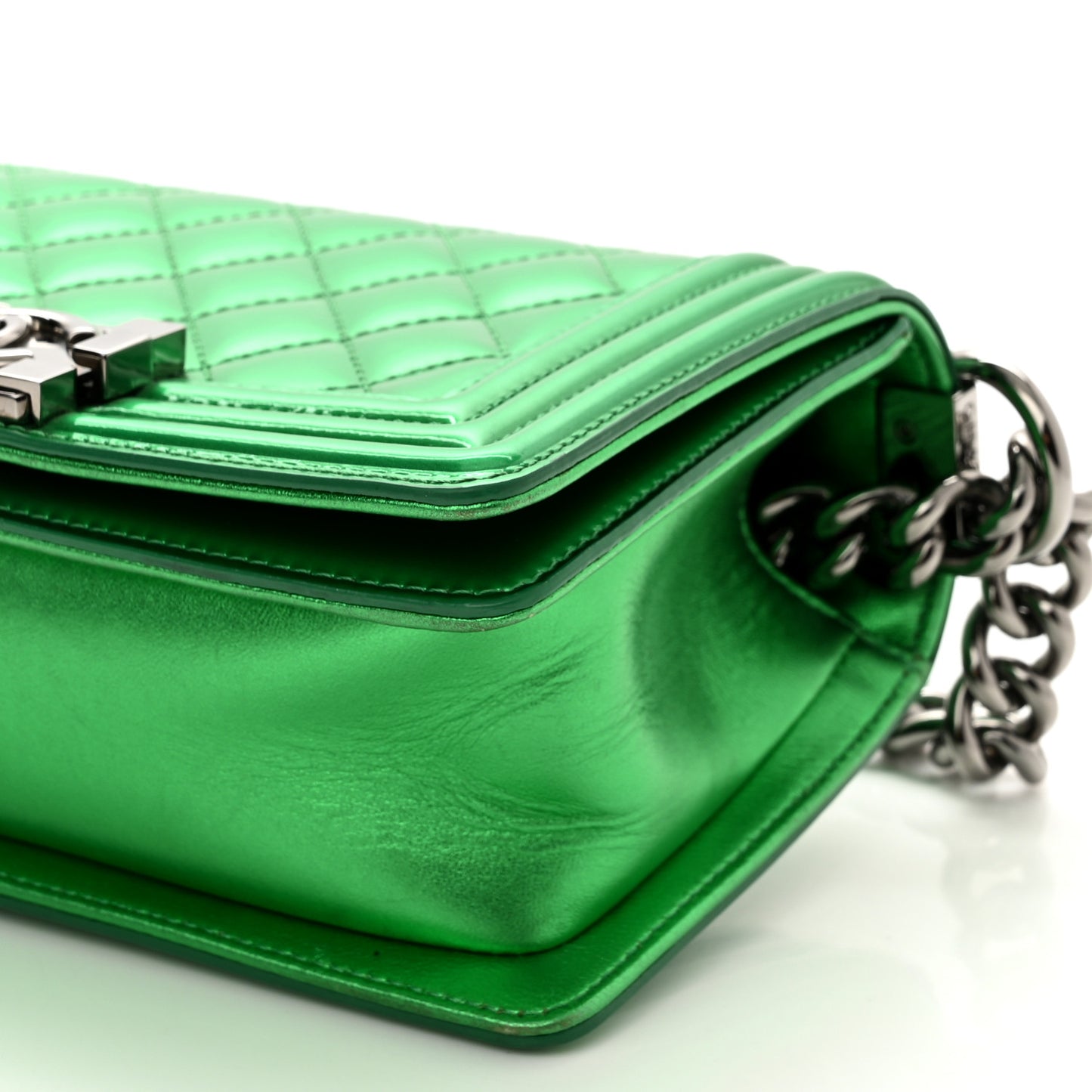 Metallic Patent Calfskin Quilted Small Boy Flap Green