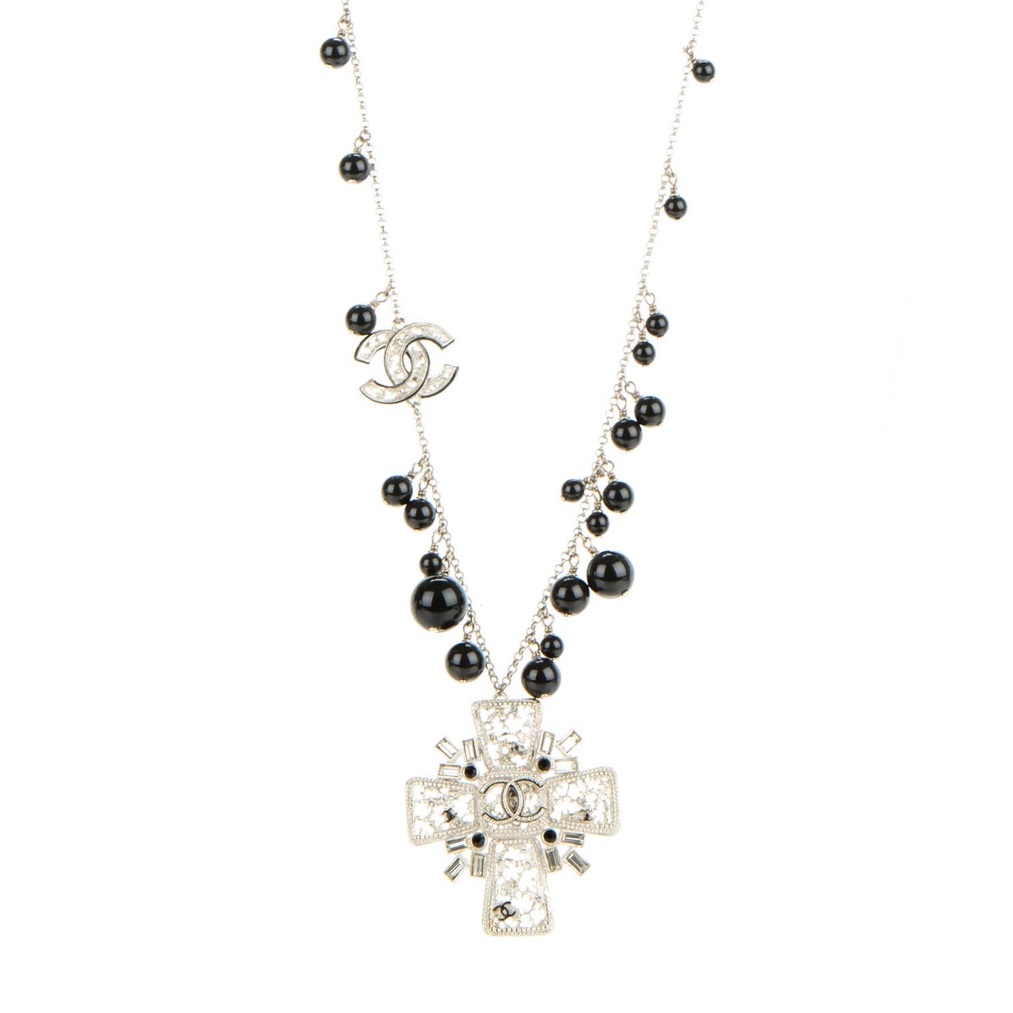 Bead Crystal CC Cross Pendant Necklace Black Silver