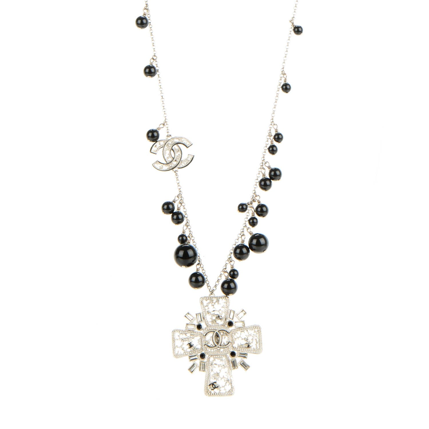 Chanel Bead Crystal CC Cross Pendant Necklace Black Silver 1 of 7