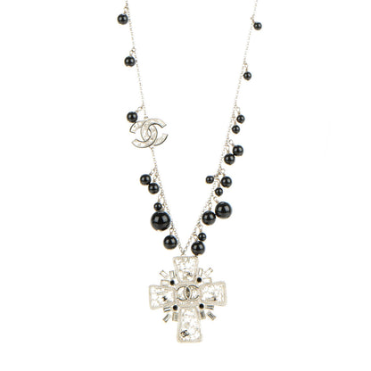 Chanel Bead Crystal CC Cross Pendant Necklace Black Silver 1 of 7