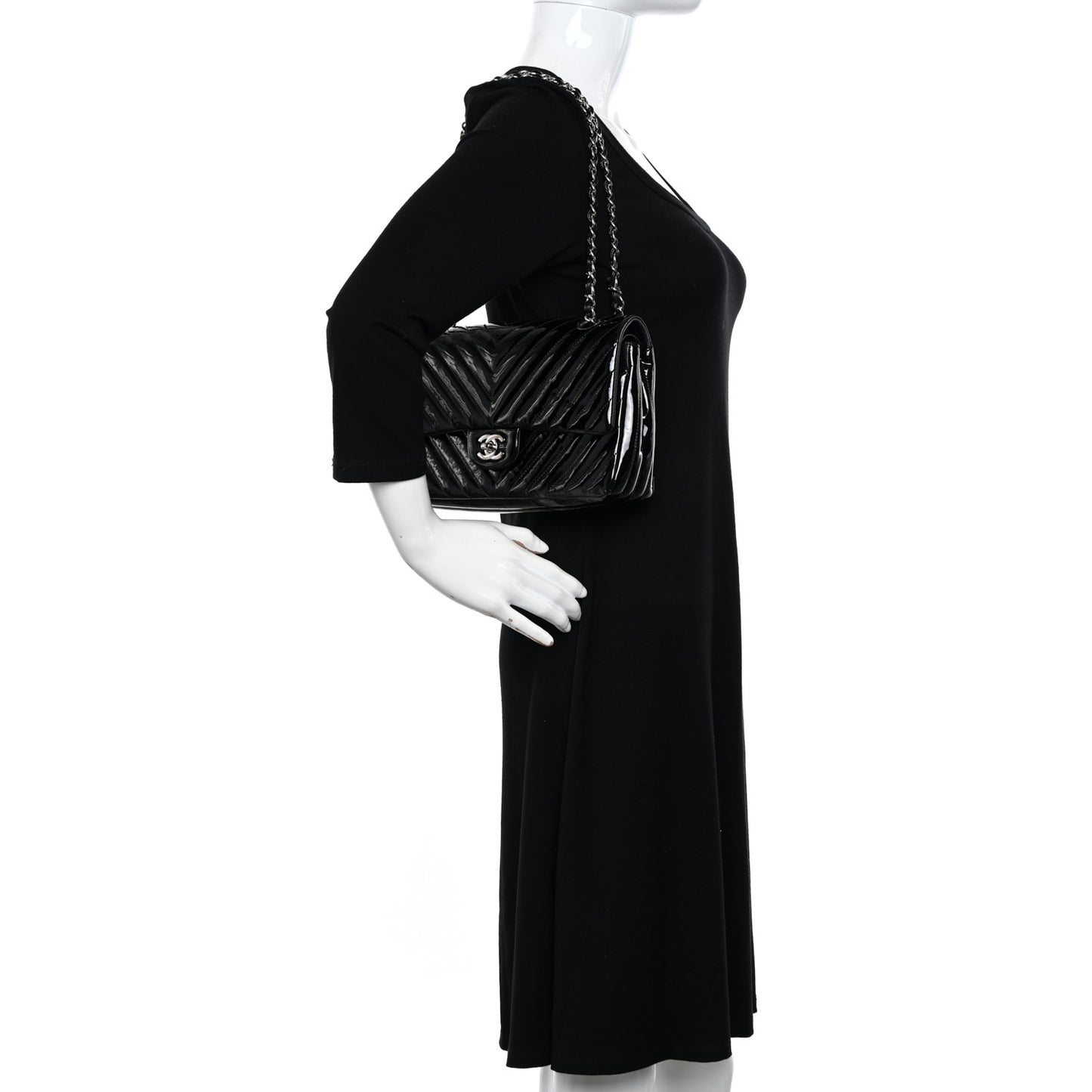 Patent Calfskin Chevron Quilted Small Double Flap Black