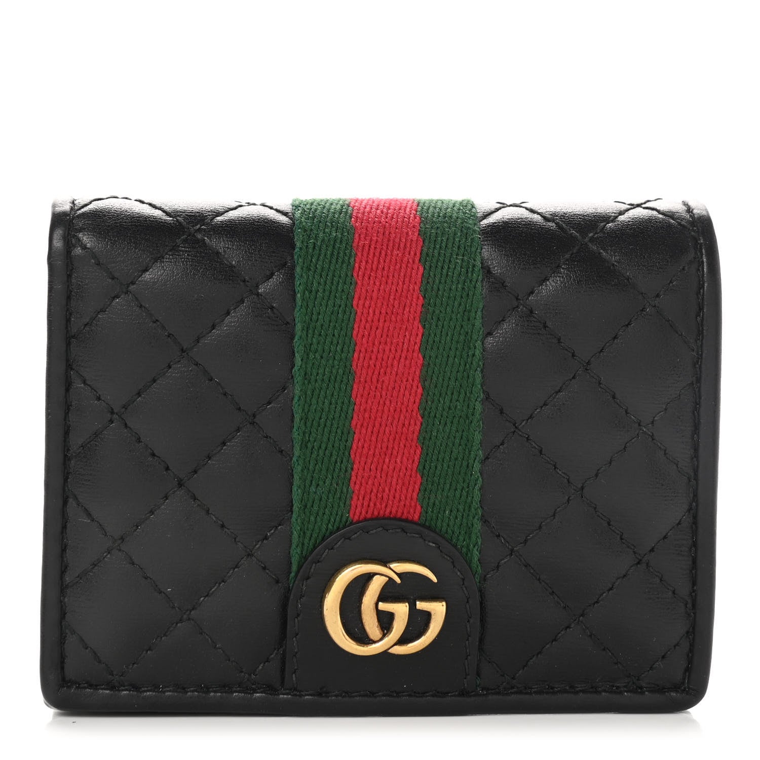 Gucci Calfskin Web Trapuntata GG Marmont Card Case Wallet Black 1 of 9