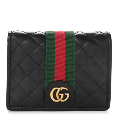 Gucci Calfskin Web Trapuntata GG Marmont Card Case Wallet Black 1 of 9