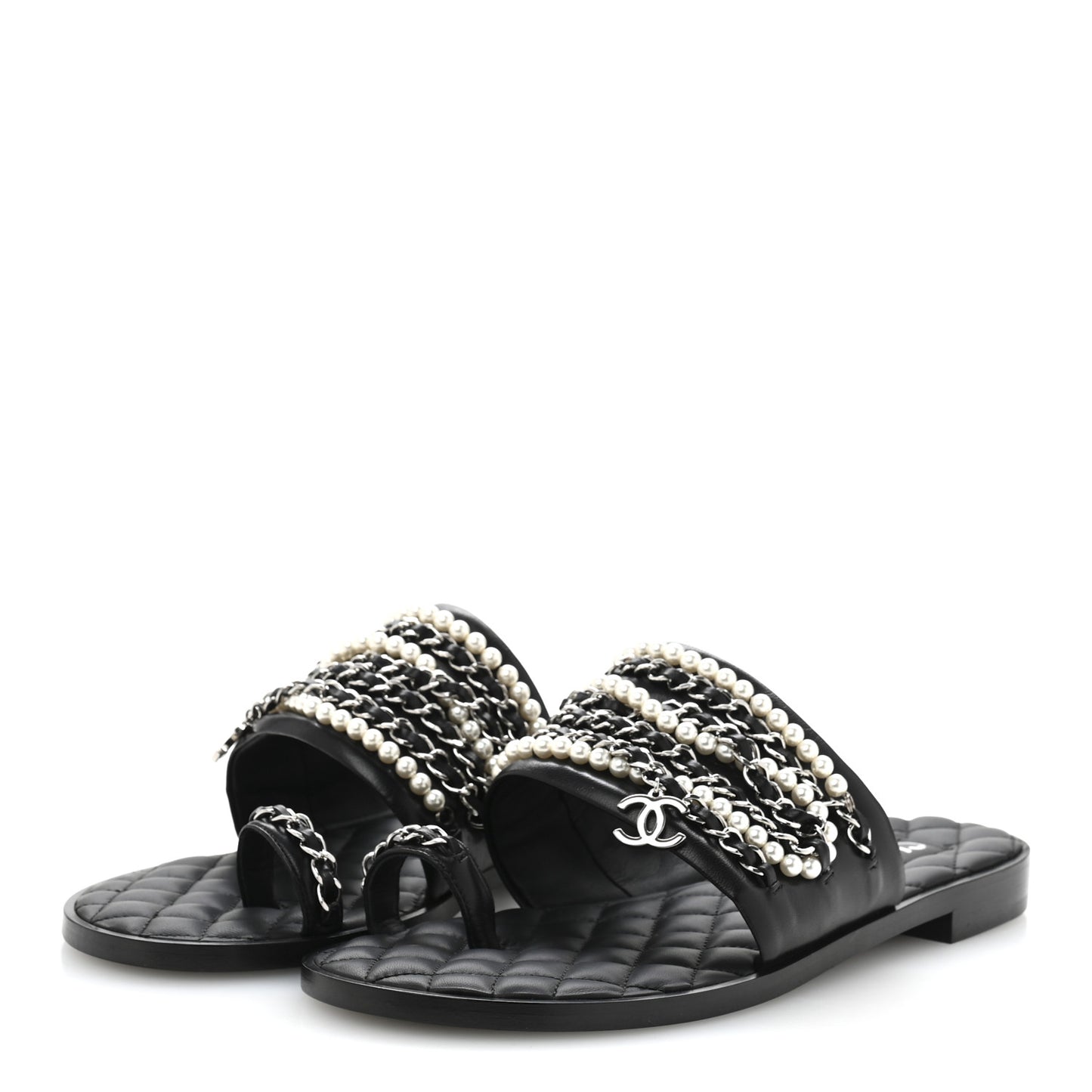 Pearl Lambskin Chain Flat Sandals 38.5 Black