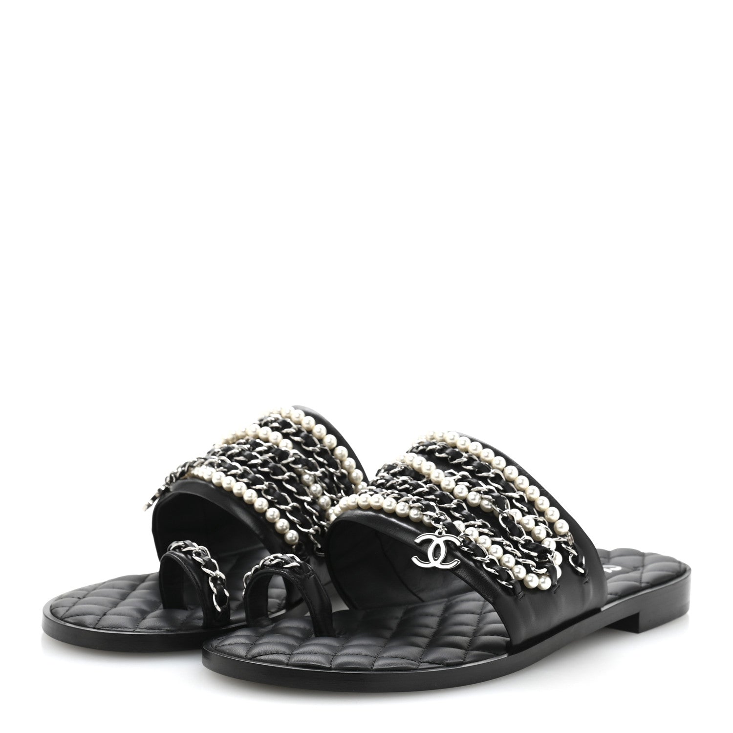Chanel Pearl Lambskin Chain Flat Sandals 38.5 Black 4 of 10