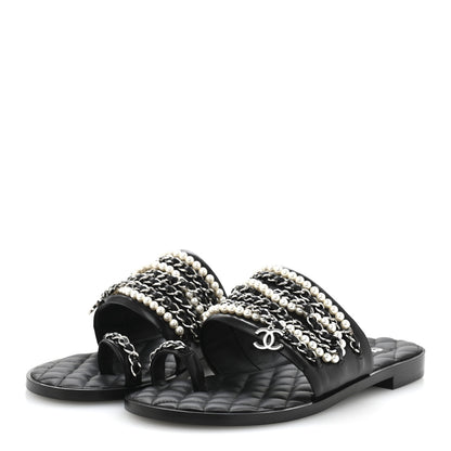 Chanel Pearl Lambskin Chain Flat Sandals 38.5 Black 4 of 10