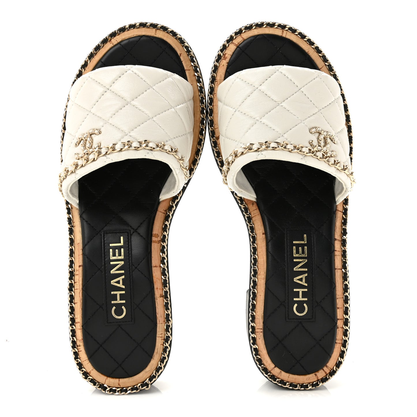 Lambskin Quilted Chain CC Sandals 38 White