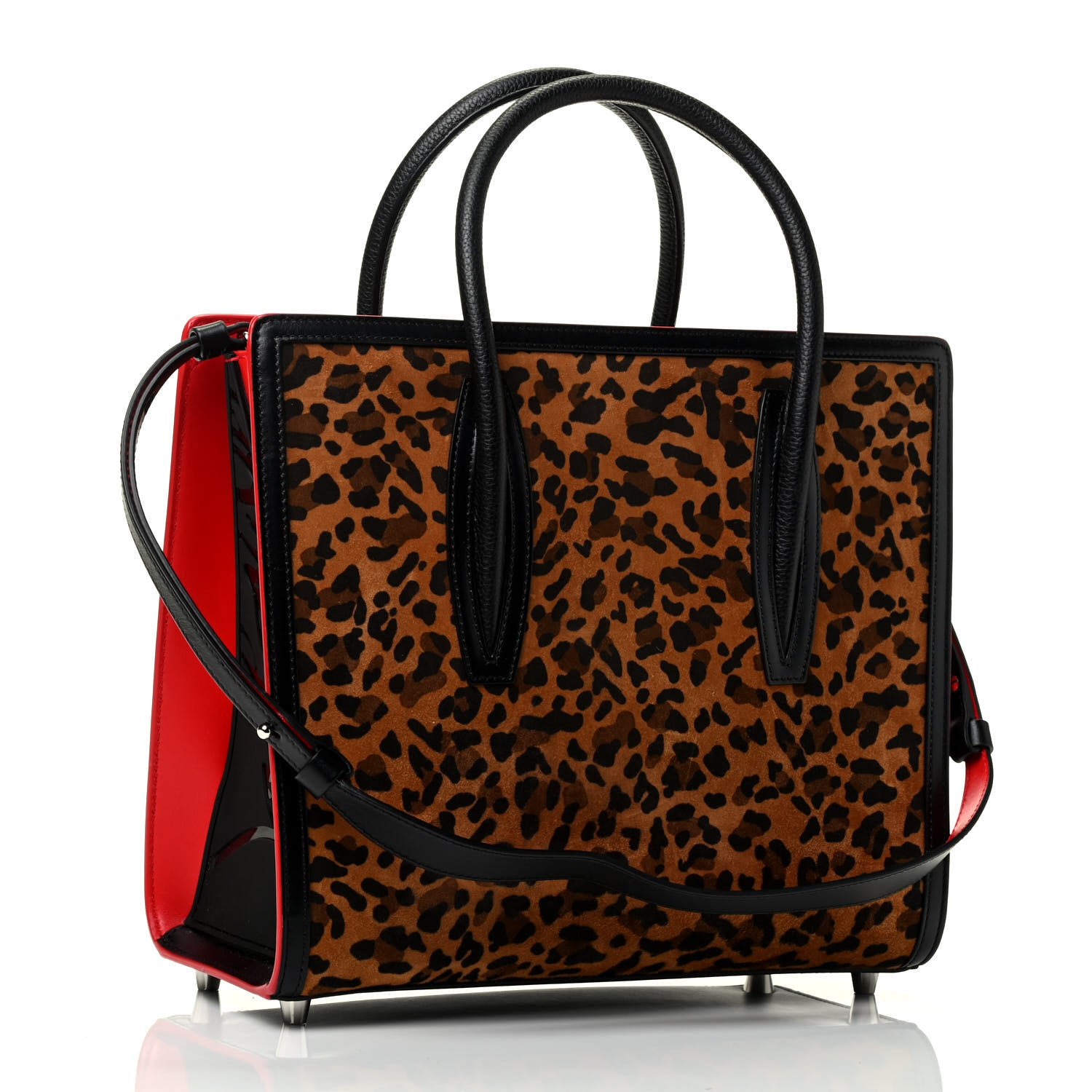 Christian Louboutin Calfskin Empire Pony Hair Leopard Print Studded Medium Paloma Red Brown 2 of 4