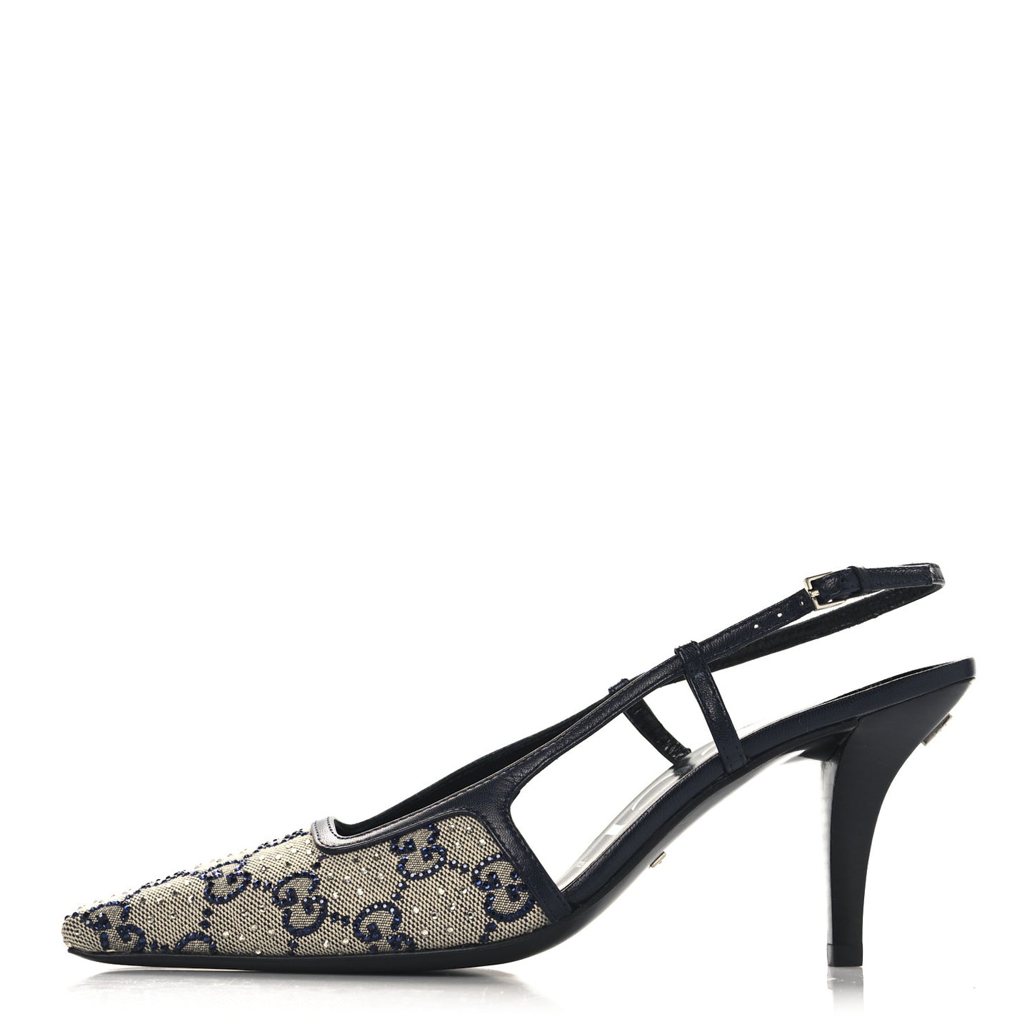GG Monogram Malaga Kid Crystal Square G 75mm Slingback Pumps 36.5 Beige Blue