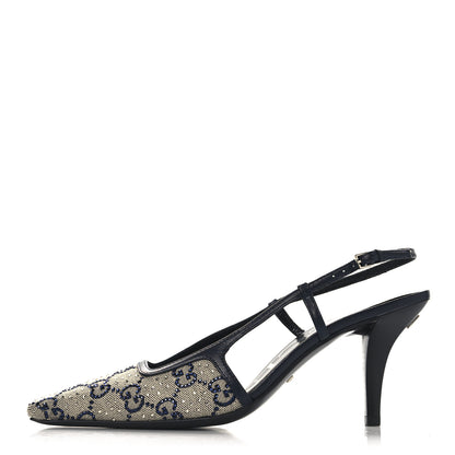 Gucci GG Monogram Malaga Kid Crystal Square G 75mm Slingback Pumps 36.5 Beige Blue 1 of 9