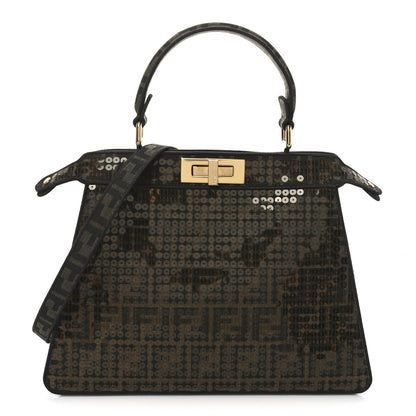 Fendi Fabric Jacquard Paillettes Vitello Seta FF 1974 Medium Peekaboo I SEE U Satchel Tobacco Moro 1 of 9