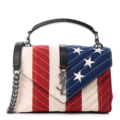 Saint Laurent Canvas Matelasse Chevron American Flag Monogram Medium College Bag Red Blue 1 of 11