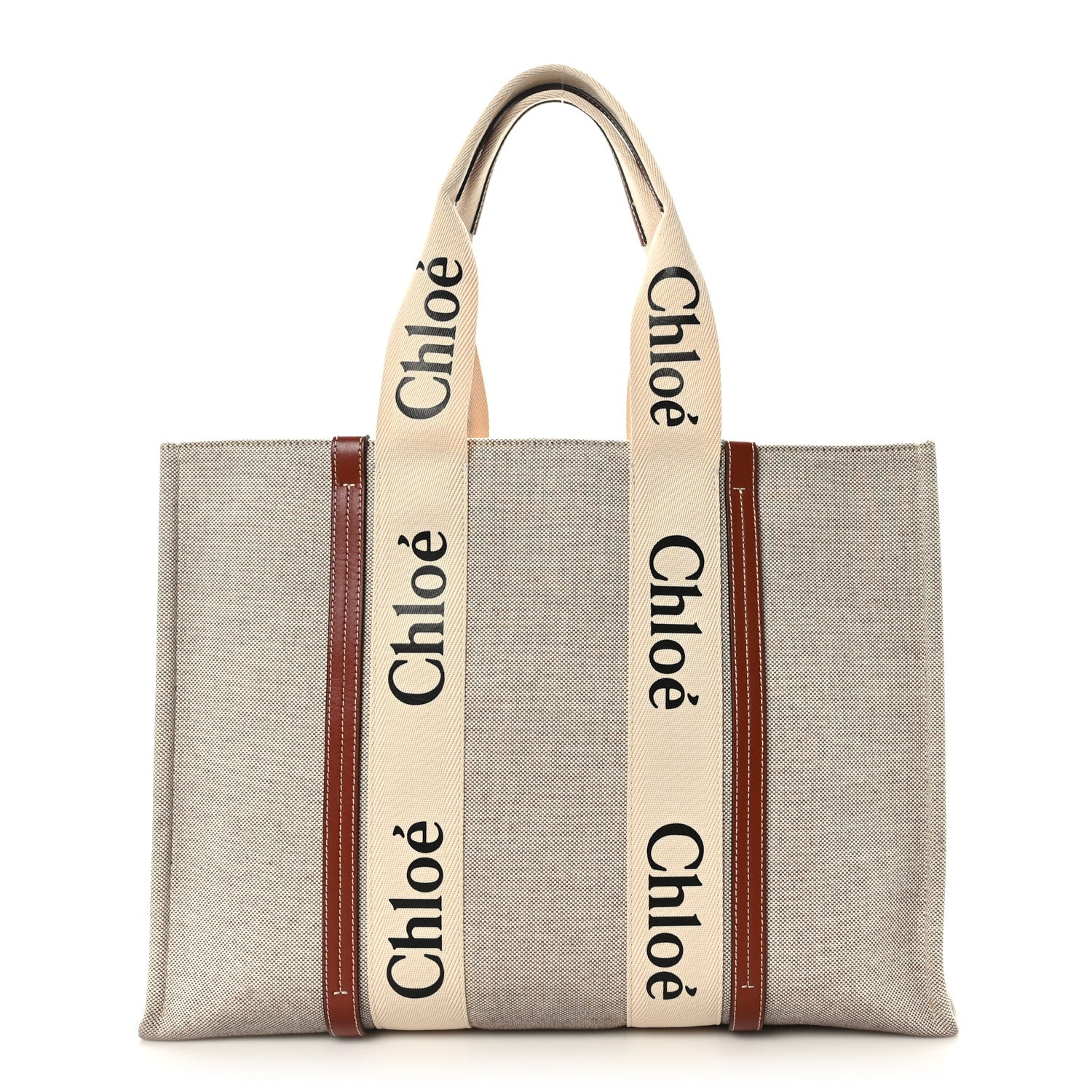 Chloe Cotton Calfskin Large Woody Ribbon Tote White Brown 1 of 9