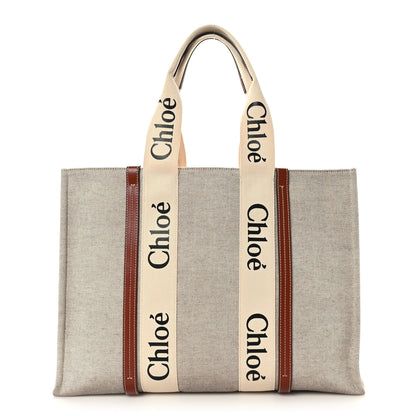 Chloe Cotton Calfskin Large Woody Ribbon Tote White Brown 1 of 9