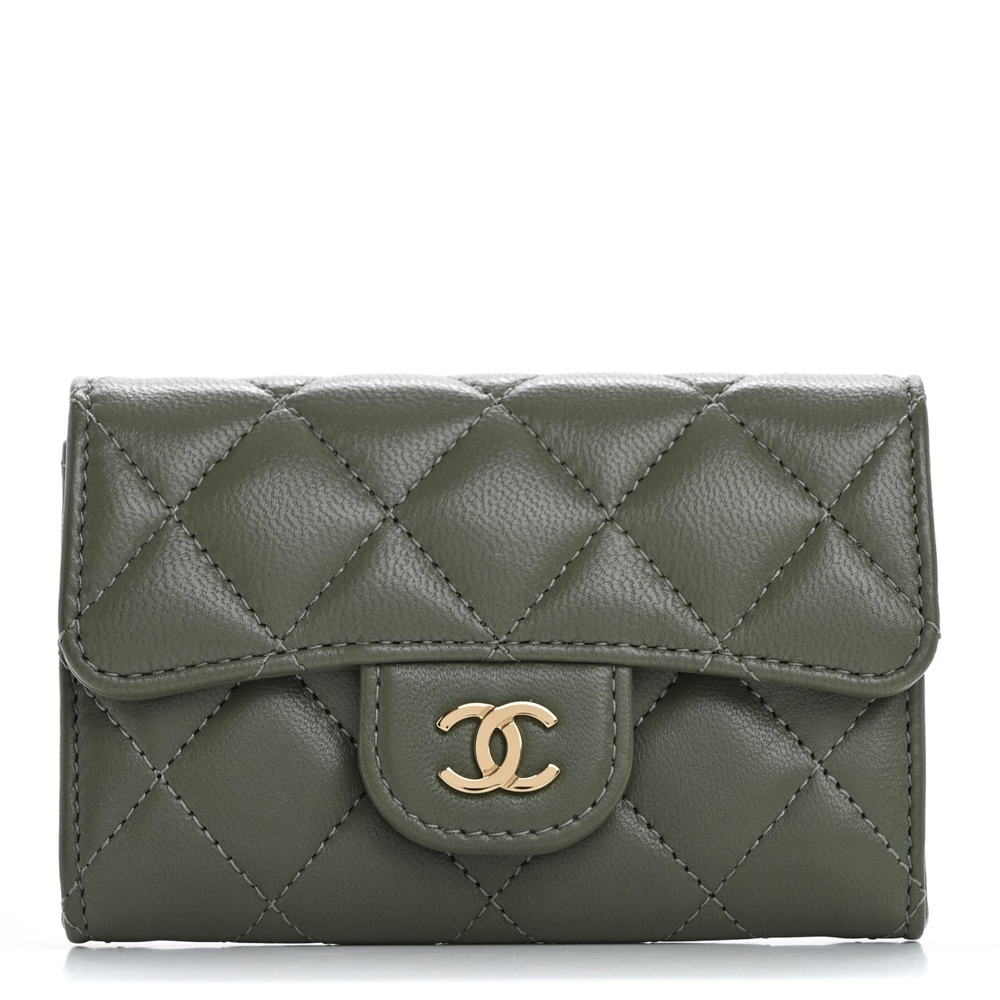 Lambskin Quilted Flap Card Holder Wallet Khaki