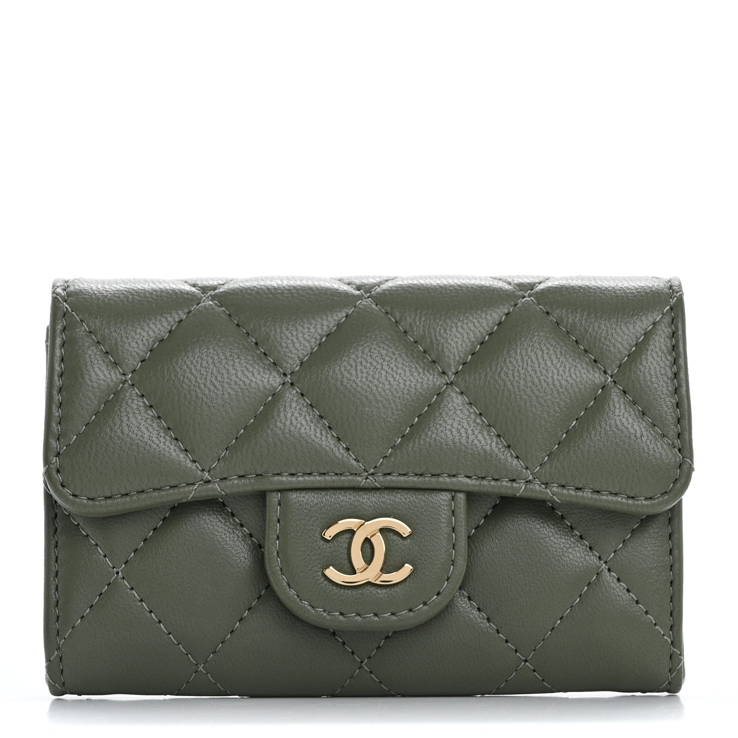 Chanel Lambskin Quilted Flap Card Holder Wallet Khaki 1 of 11