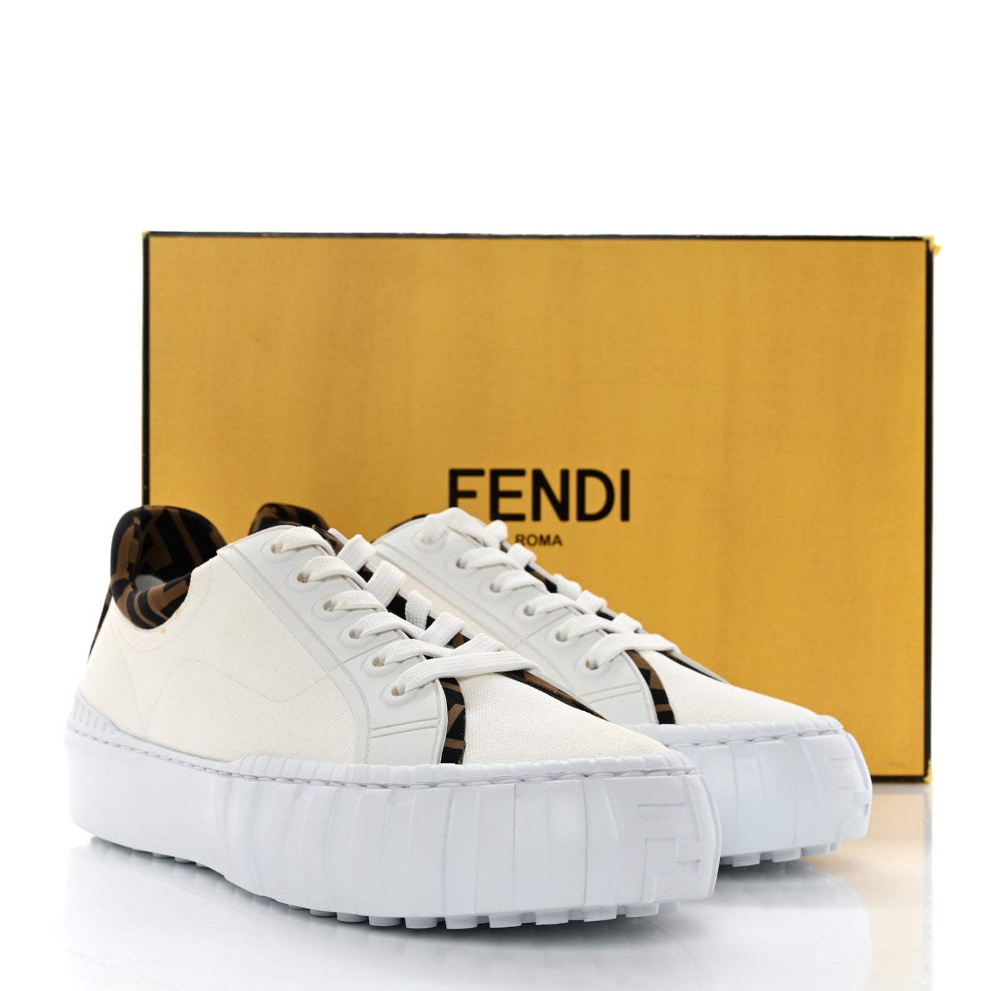Fabric Jacquard Vitello Technical Fabric FF Womens Fendi Force Low Top Sneakers 41 White Tobacco