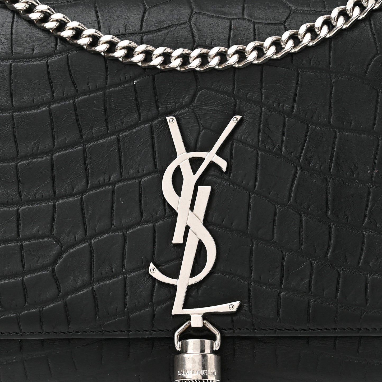 Calfskin Crocodile Embossed Medium Classic Monogram Kate Tassel Satchel Black