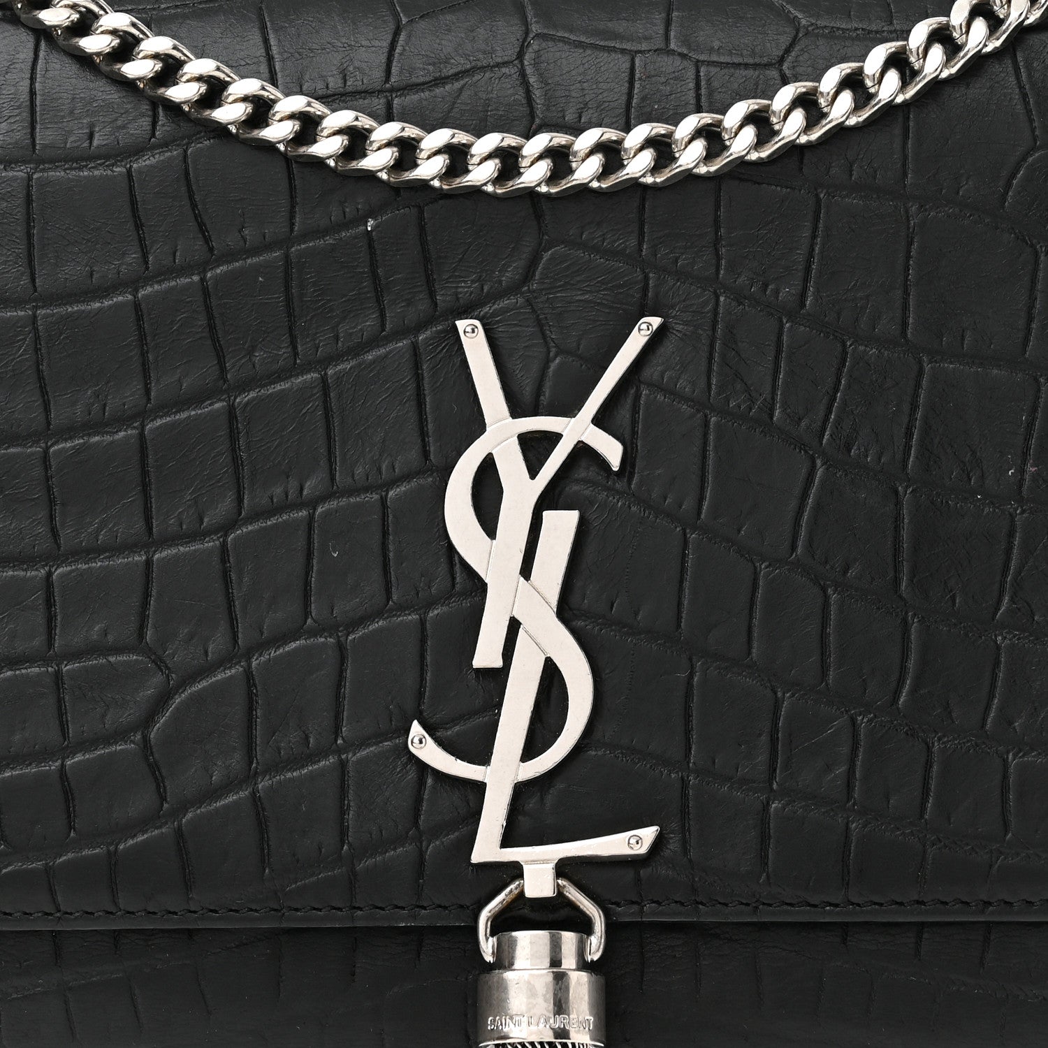 Saint Laurent Calfskin Crocodile Embossed Medium Classic Monogram Kate Tassel Satchel Black 7 of 9