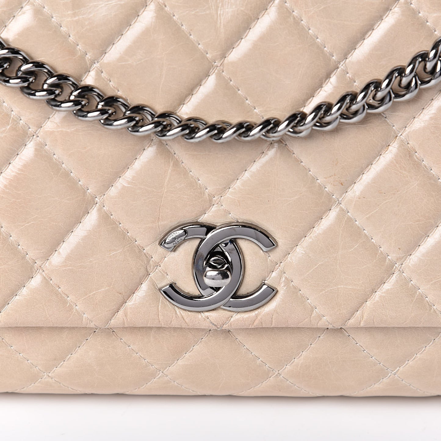 Glazed Calfskin Quilted Medium Lady Pearly Flap Light Beige