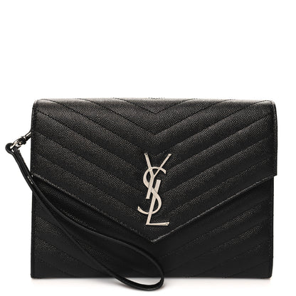 Saint Laurent Grain De Poudre Matelasse Chevron Monogram Envelope Clutch Black 1 of 10