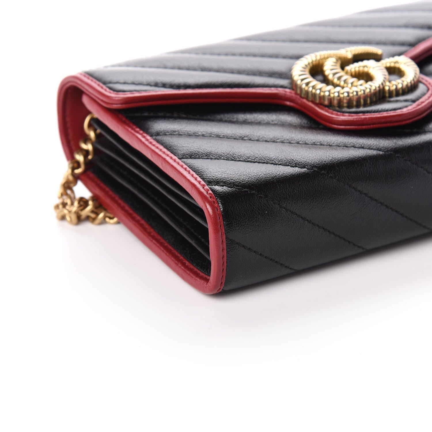 Gucci Vintage Effect Calfskin Matelasse Diagonal Torchon GG Marmont Chain Wallet Black Romantic Cherry 9 of 10