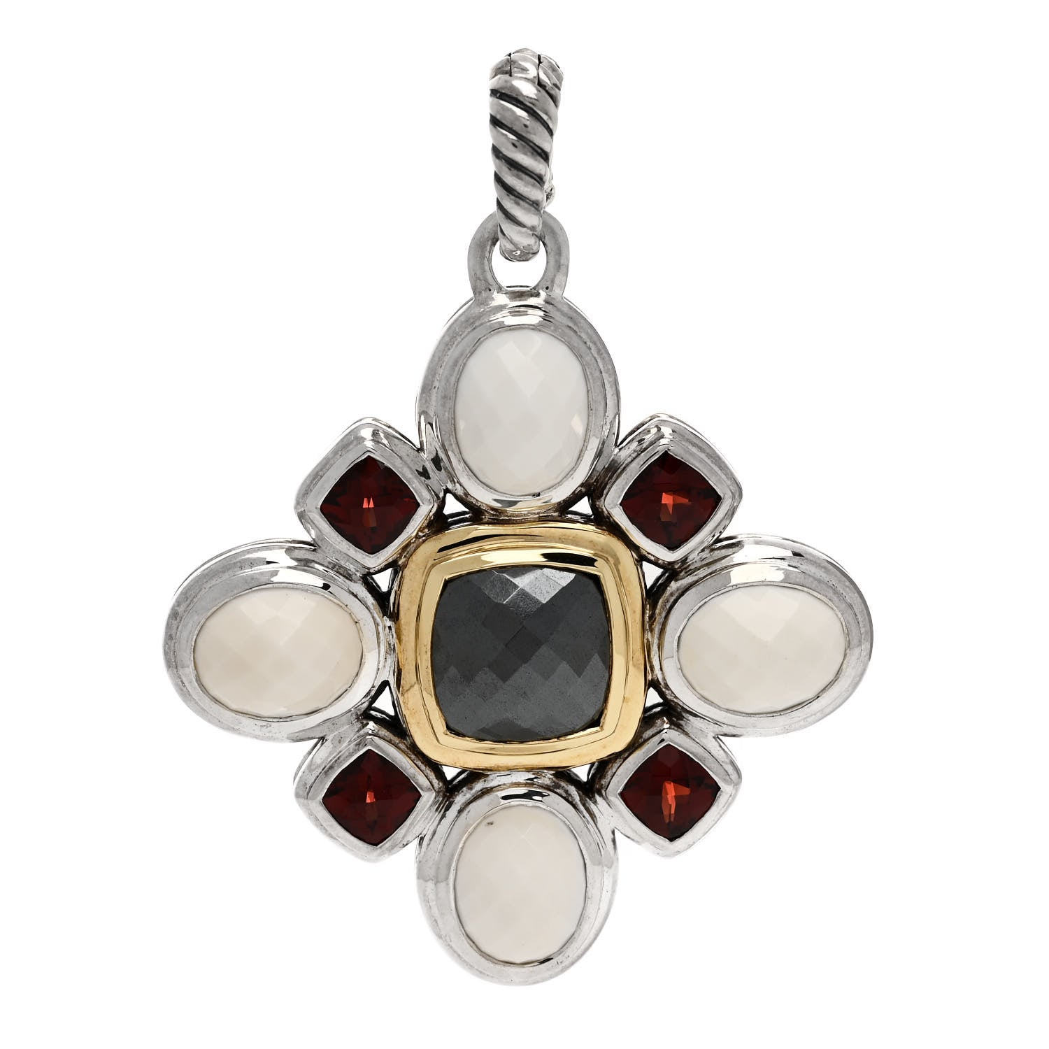 David Yurman Sterling Silver 18K Yellow Gold White Agate Hematine Garnet Enhancer Pendant 1 of 4