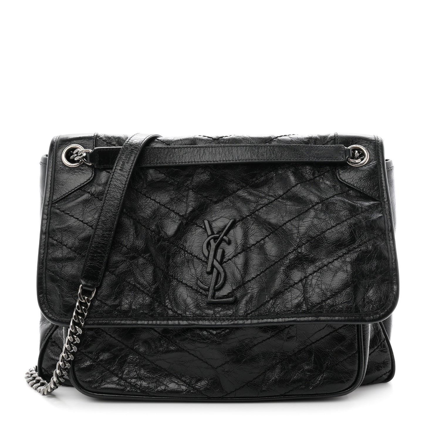 Crinkled Calfskin Matelasse Monogram Large Niki Chain Satchel Black