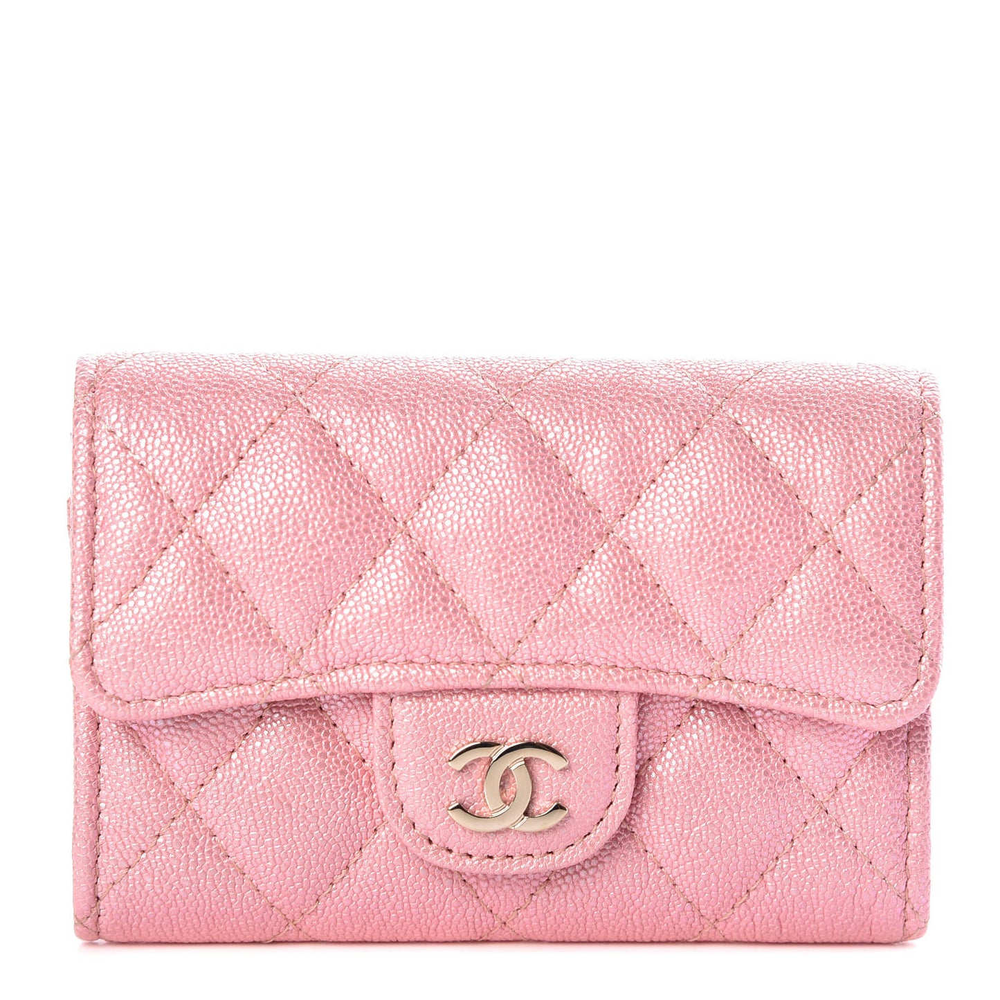 Iridescent Caviar Quilted Flap Card Holder Rose Pink